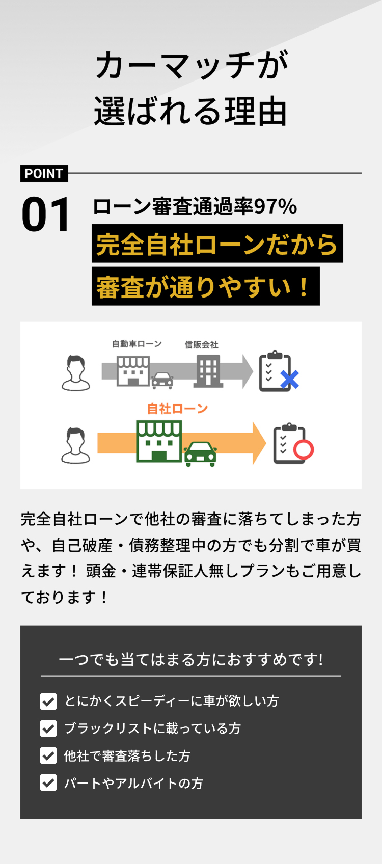 カーマッチが選ばれる理由 完全自社ローンだから審査が通りやすい